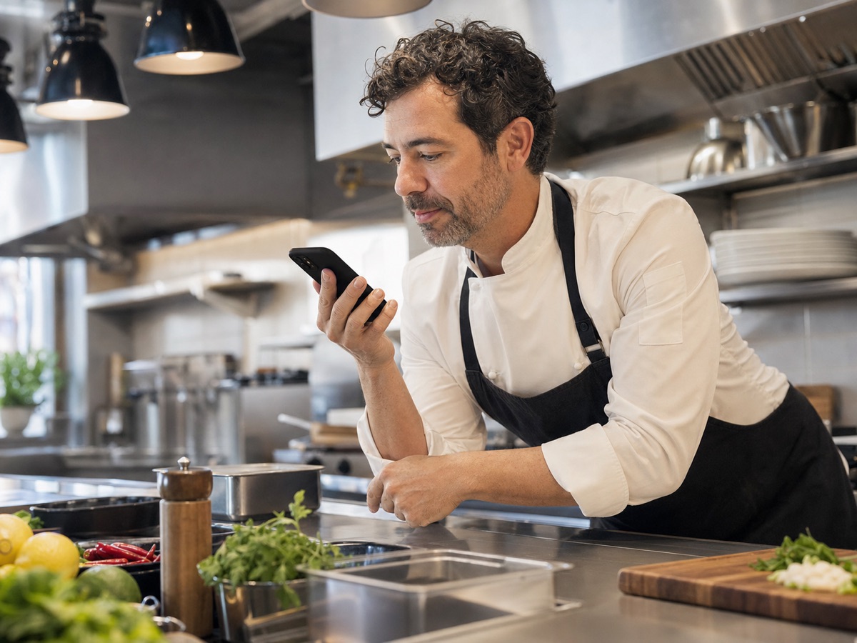 Chef in cucina che invia un ordine dallo smartphone