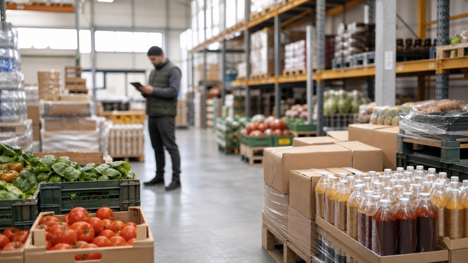 Magazzino di un distributore food & beverage con casse di prodotti freschi